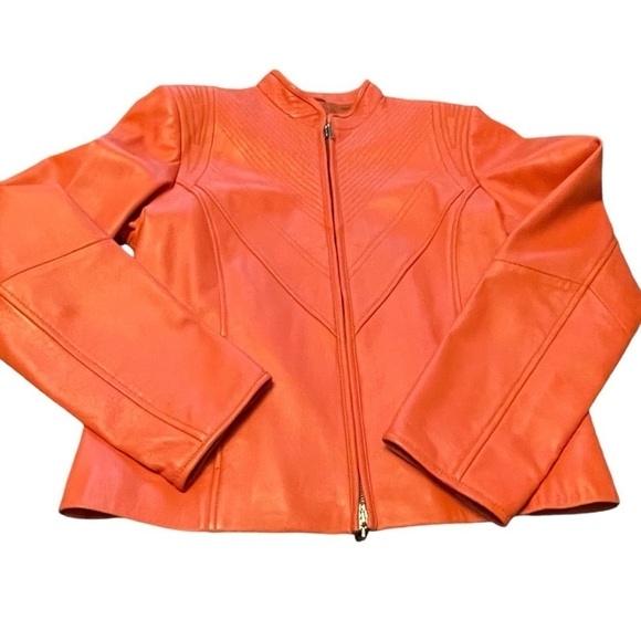 Bianca Nygard Orange Leather Crop Jacket-Zip up-Texturized Stitching - Size 8 - Picture 3 of 12